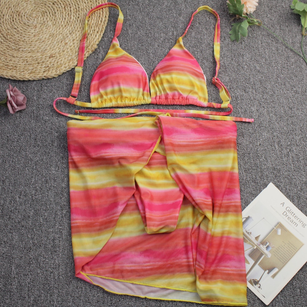 Sexy 3 Piece Bikini Set With Cover Up Beach Dress Tie Dye Push Up  Biquini Brazilian Swimwear Women Thong Bikinis 2021 Mujer