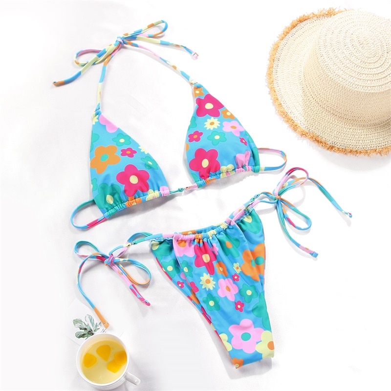 Rinabe Bikini 2021 Swimsuit Solid Color Bikini Set Floral Print Swimwear Sexy Biquini Bathing Suit Women Bikinis String Beach