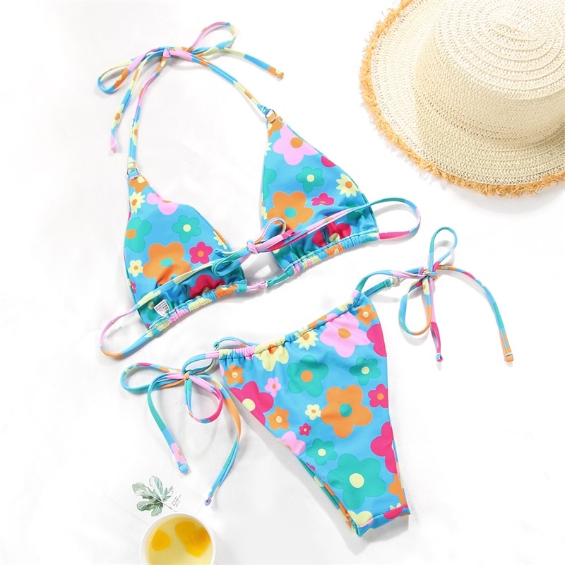 Rinabe Bikini 2021 Swimsuit Solid Color Bikini Set Floral Print Swimwear Sexy Biquini Bathing Suit Women Bikinis String Beach