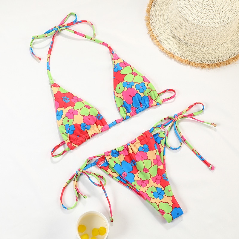 Rinabe Bikini 2021 Swimsuit Solid Color Bikini Set Floral Print Swimwear Sexy Biquini Bathing Suit Women Bikinis String Beach