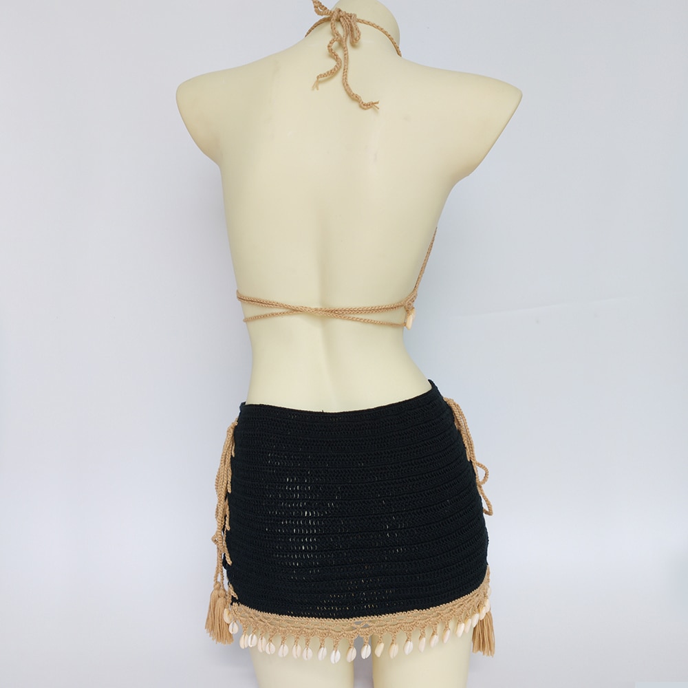 3pcs Bikini Set Woman Crochet Shell Tassel Bikini Top And Seashell Ankle Chain Sexy Beach Skirt Lace See Through Slim Mini Skirt