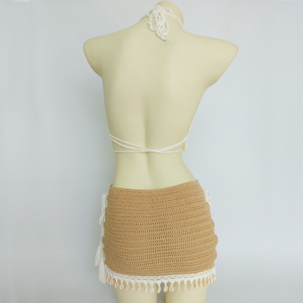 3pcs Bikini Set Woman Crochet Shell Tassel Bikini Top And Seashell Ankle Chain Sexy Beach Skirt Lace See Through Slim Mini Skirt