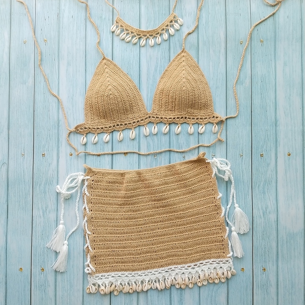 3pcs Bikini Set Woman Crochet Shell Tassel Bikini Top And Seashell Ankle Chain Sexy Beach Skirt Lace See Through Slim Mini Skirt