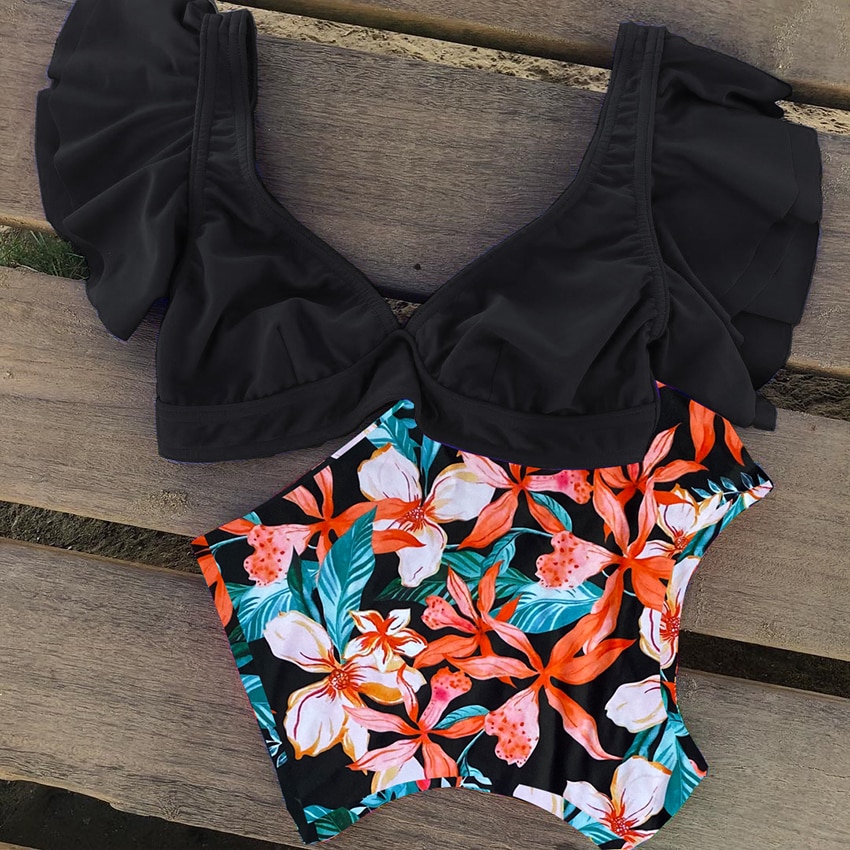 High Waist Ruffled Bikini Set 2020 Sexy Flounce Biquini Swimwear Women Two Pieces Swimsuit Floral Beachwear V-neck Bathing Suit