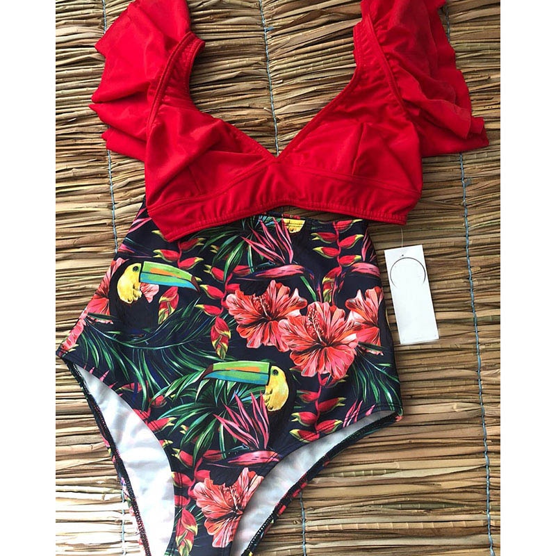 High Waist Ruffled Bikini Set 2020 Sexy Flounce Biquini Swimwear Women Two Pieces Swimsuit Floral Beachwear V-neck Bathing Suit