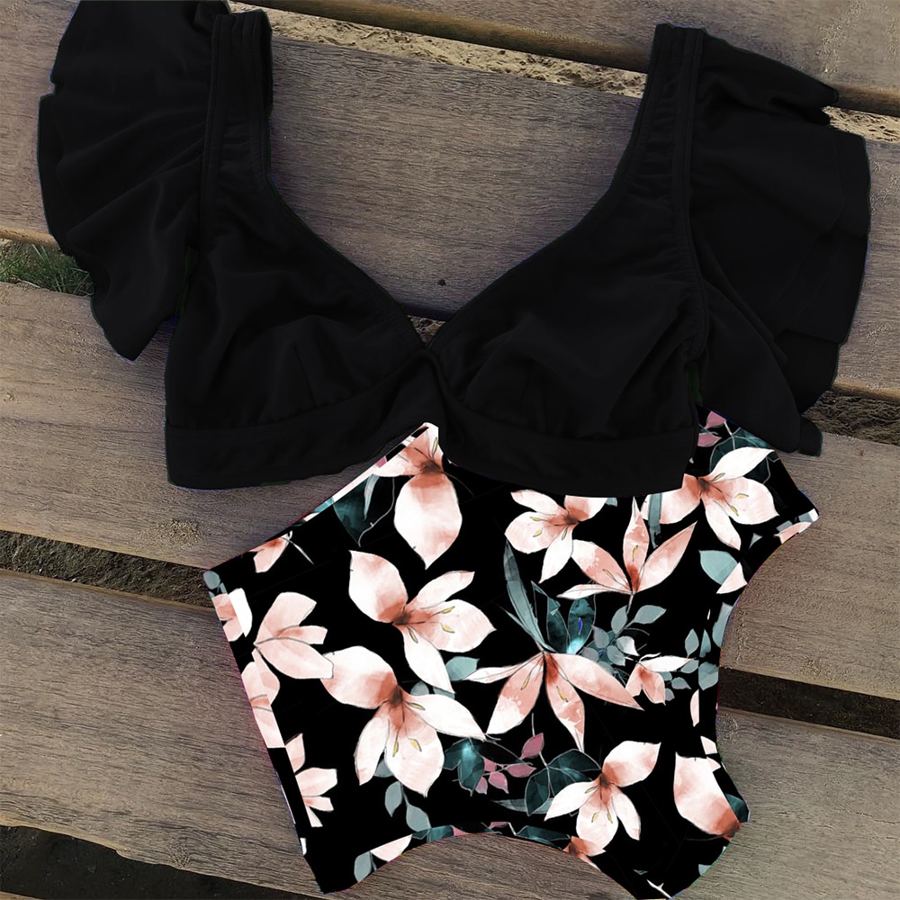 High Waist Ruffled Bikini Set 2020 Sexy Flounce Biquini Swimwear Women Two Pieces Swimsuit Floral Beachwear V-neck Bathing Suit