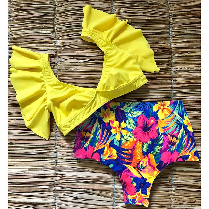 High Waist Ruffled Bikini Set 2020 Sexy Flounce Biquini Swimwear Women Two Pieces Swimsuit Floral Beachwear V-neck Bathing Suit