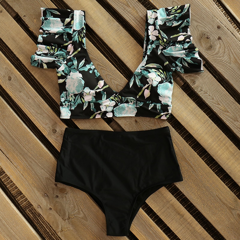 High Waist Ruffled Bikini Set 2020 Sexy Flounce Biquini Swimwear Women Two Pieces Swimsuit Floral Beachwear V-neck Bathing Suit