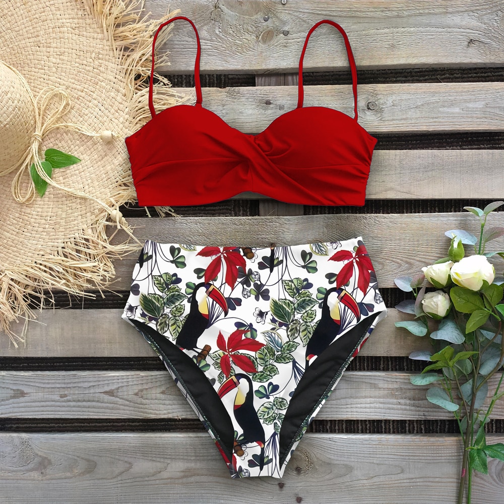 Sexy 2021 Bikini Swimsuit Women Swimwear Push Up Bikinis Set Leaf Print Female High Waist Swimming Suits for Bathing Suit