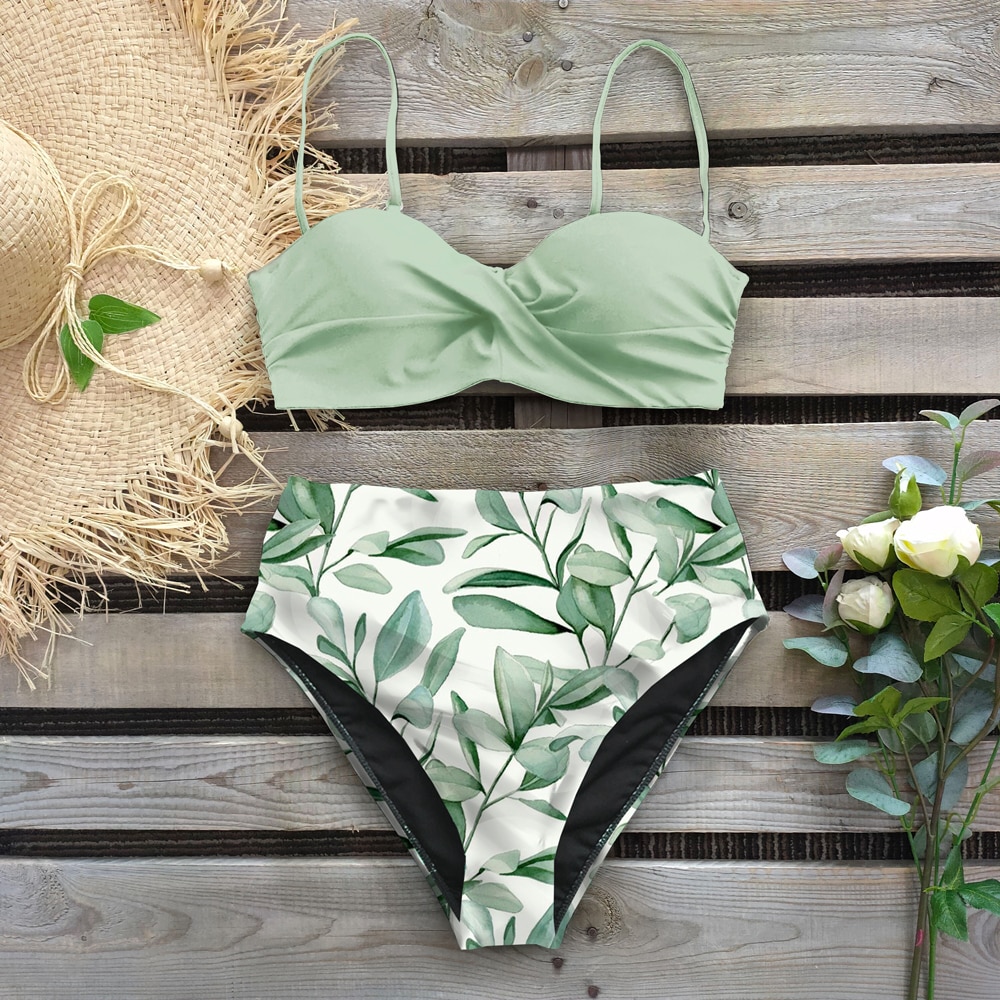 Sexy 2021 Bikini Swimsuit Women Swimwear Push Up Bikinis Set Leaf Print Female High Waist Swimming Suits for Bathing Suit