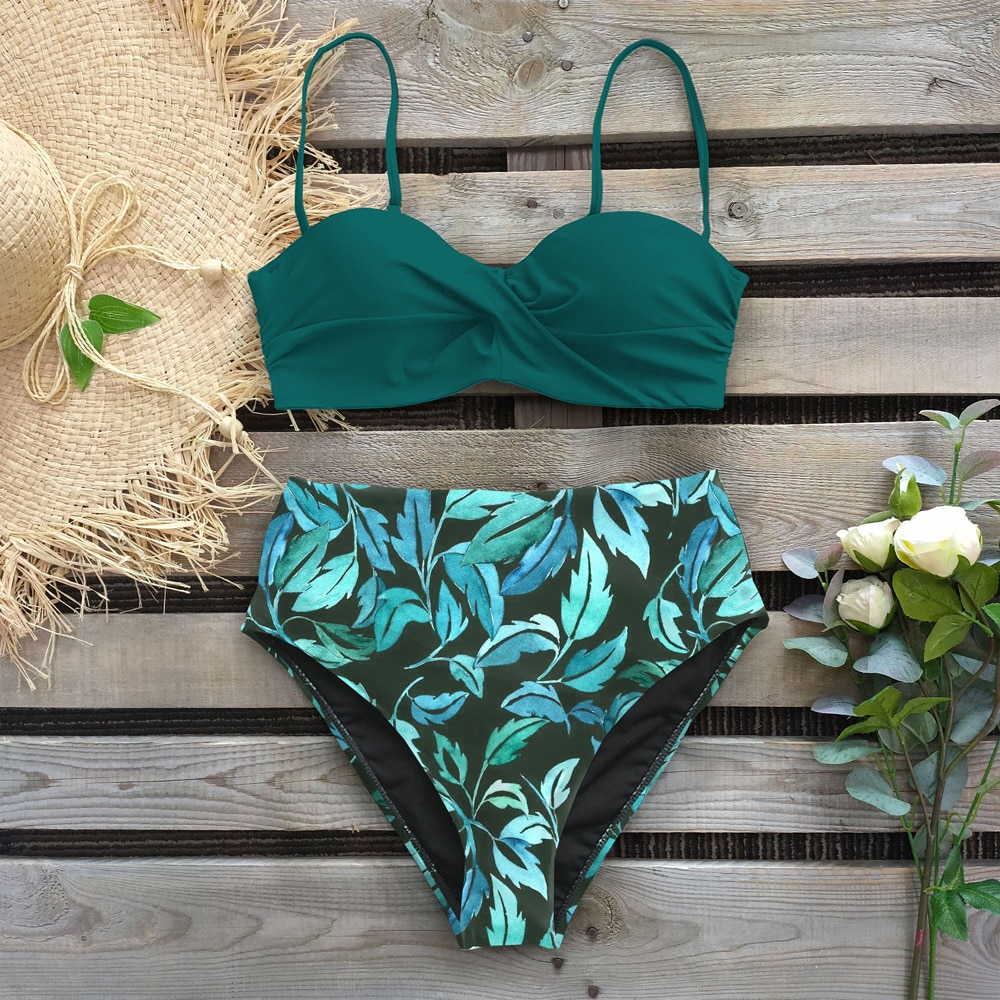 Sexy 2021 Bikini Swimsuit Women Swimwear Push Up Bikinis Set Leaf Print Female High Waist Swimming Suits for Bathing Suit