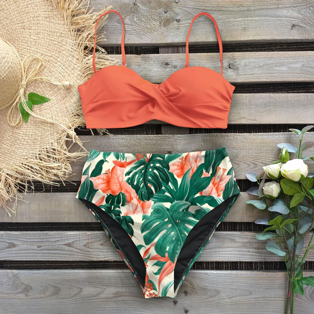 Sexy 2021 Bikini Swimsuit Women Swimwear Push Up Bikinis Set Leaf Print Female High Waist Swimming Suits for Bathing Suit