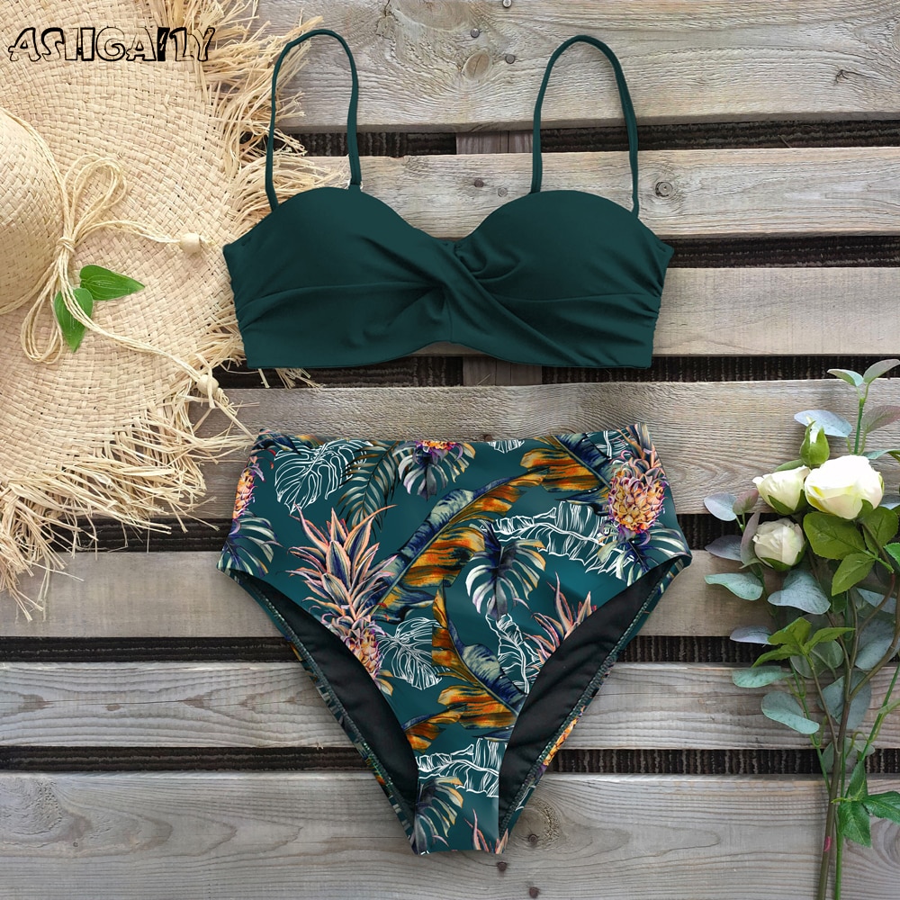 Sexy 2021 Bikini Swimsuit Women Swimwear Push Up Bikinis Set Leaf Print Female High Waist Swimming Suits for Bathing Suit