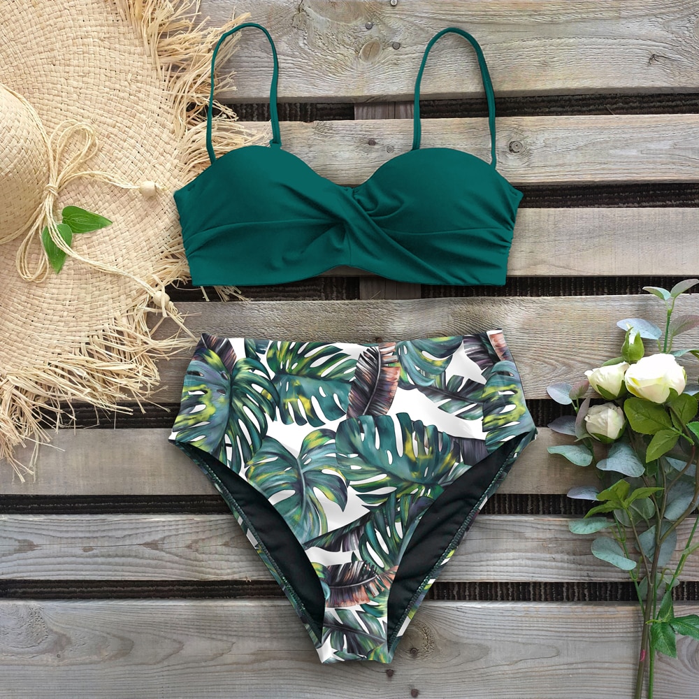 Sexy 2021 Bikini Swimsuit Women Swimwear Push Up Bikinis Set Leaf Print Female High Waist Swimming Suits for Bathing Suit