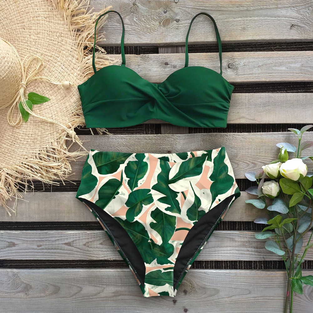 Sexy 2021 Bikini Swimsuit Women Swimwear Push Up Bikinis Set Leaf Print Female High Waist Swimming Suits for Bathing Suit