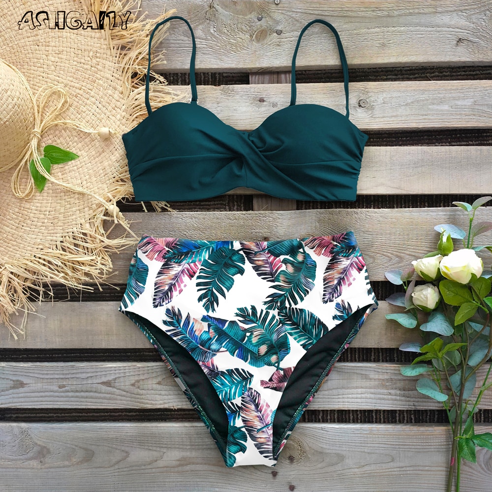 Sexy 2021 Bikini Swimsuit Women Swimwear Push Up Bikinis Set Leaf Print Female High Waist Swimming Suits for Bathing Suit