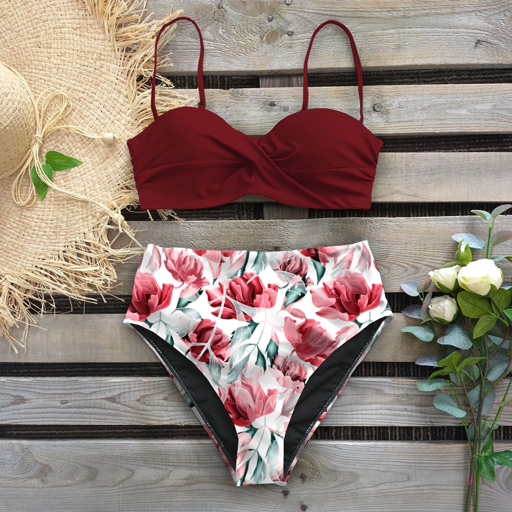 Sexy 2021 Bikini Swimsuit Women Swimwear Push Up Bikinis Set Leaf Print Female High Waist Swimming Suits for Bathing Suit