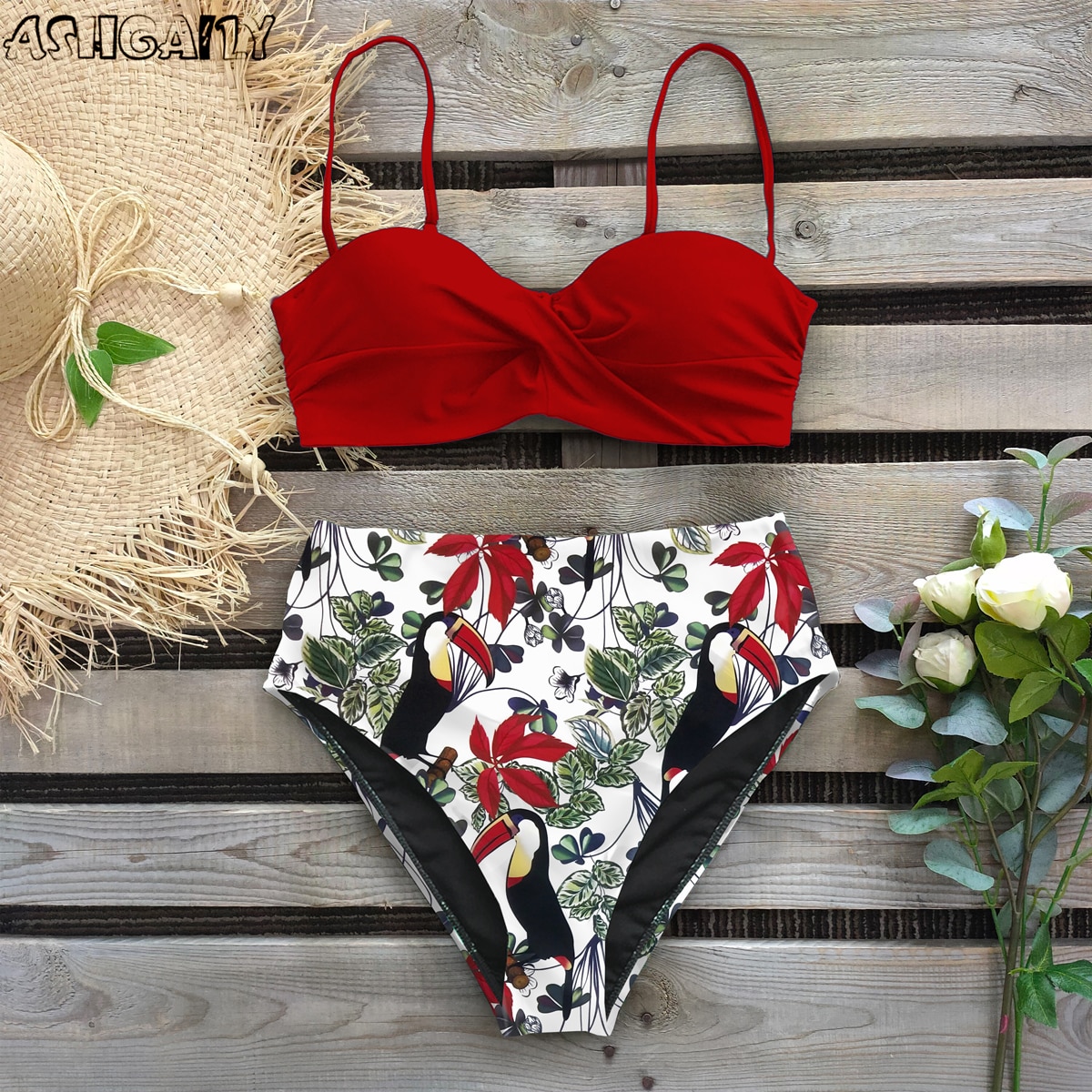 Sexy 2021 Bikini Swimsuit Women Swimwear Push Up Bikinis Set Leaf Print Female High Waist Swimming Suits for Bathing Suit