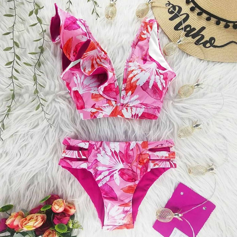 Sexy High Waist Bikinis 2021 New Print Swimwear Women Swimsuit Shoulder Ruffle Bathing Suits Beach Wear Push Up Biquini Female