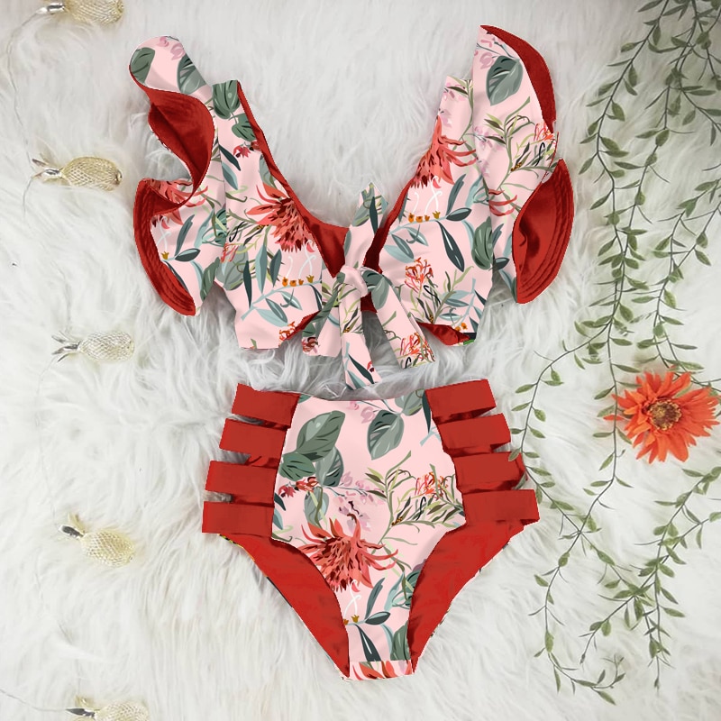 Sexy High Waist Bikinis 2021 New Print Swimwear Women Swimsuit Shoulder Ruffle Bathing Suits Beach Wear Push Up Biquini Female