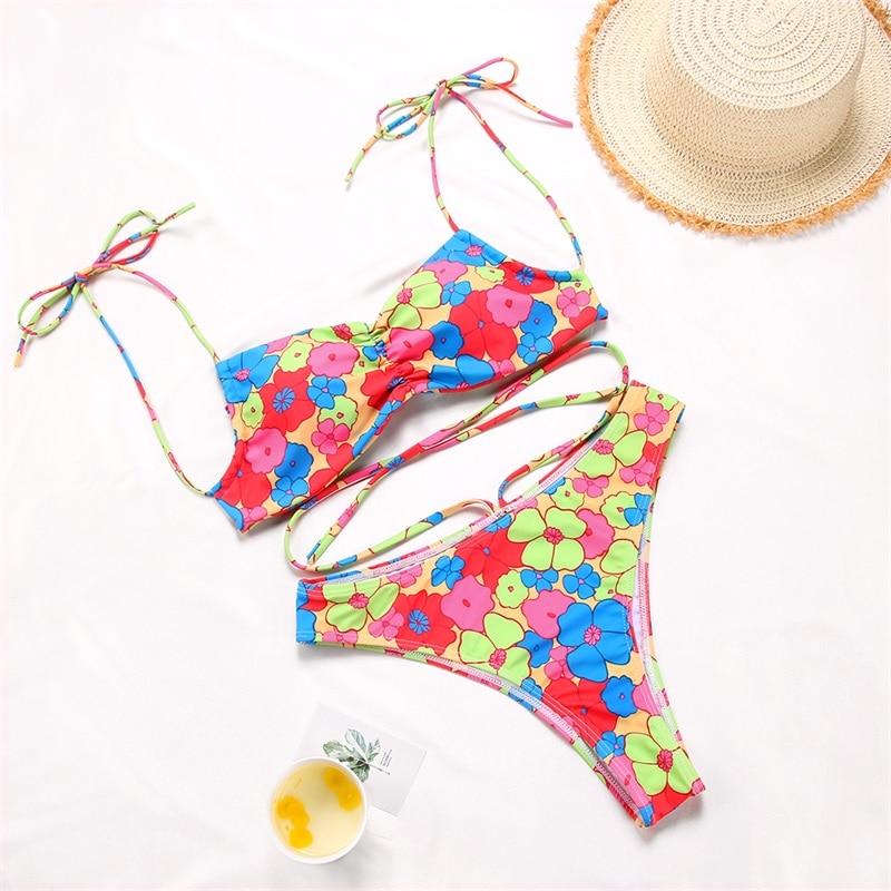 Rinabe String Bikini 2021 Swimsuit Floral Print Swimwear Women Bathing Suit High Waist Bikini Set Beachwear High Belt Biquini