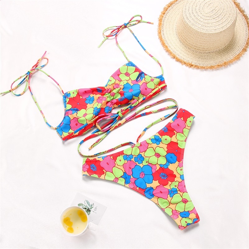 Rinabe String Bikini 2021 Swimsuit Floral Print Swimwear Women Bathing Suit High Waist Bikini Set Beachwear High Belt Biquini