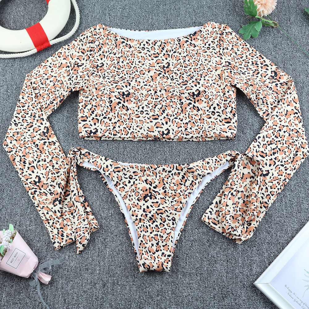 Surfing Swimsuit For Women 2021 Bikini Long Sleeve Swimwear Tiger Print Push Up Summer Bath Suit Two Piece Bandeau Biquini