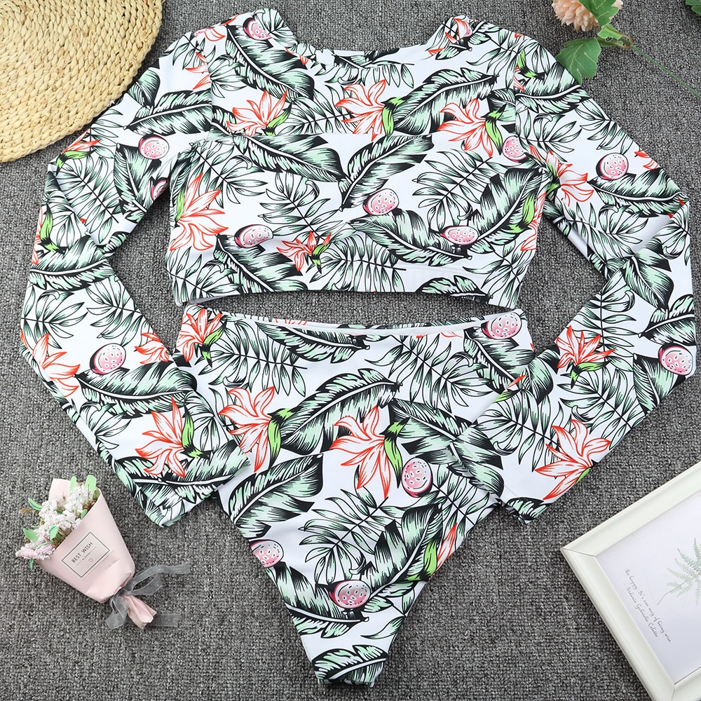 Surfing Swimsuit For Women 2021 Bikini Long Sleeve Swimwear Tiger Print Push Up Summer Bath Suit Two Piece Bandeau Biquini