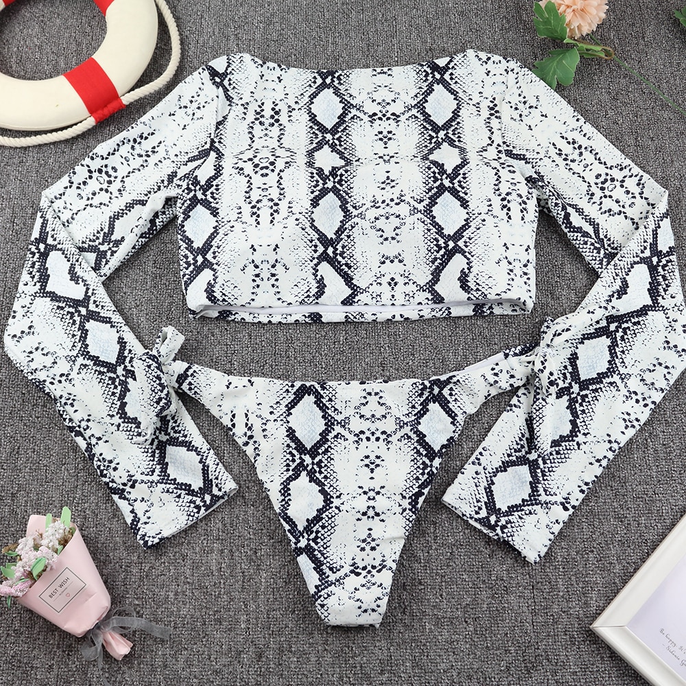 Surfing Swimsuit For Women 2021 Bikini Long Sleeve Swimwear Tiger Print Push Up Summer Bath Suit Two Piece Bandeau Biquini