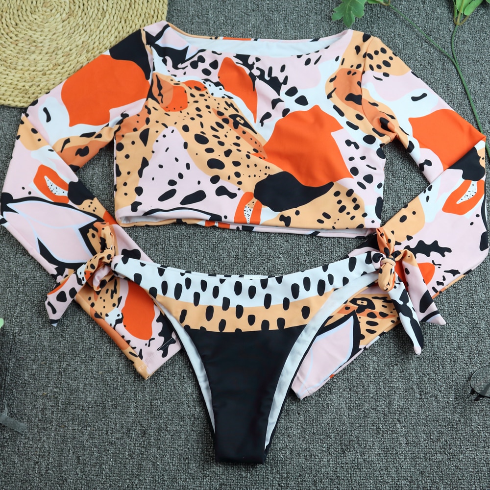 Surfing Swimsuit For Women 2021 Bikini Long Sleeve Swimwear Tiger Print Push Up Summer Bath Suit Two Piece Bandeau Biquini