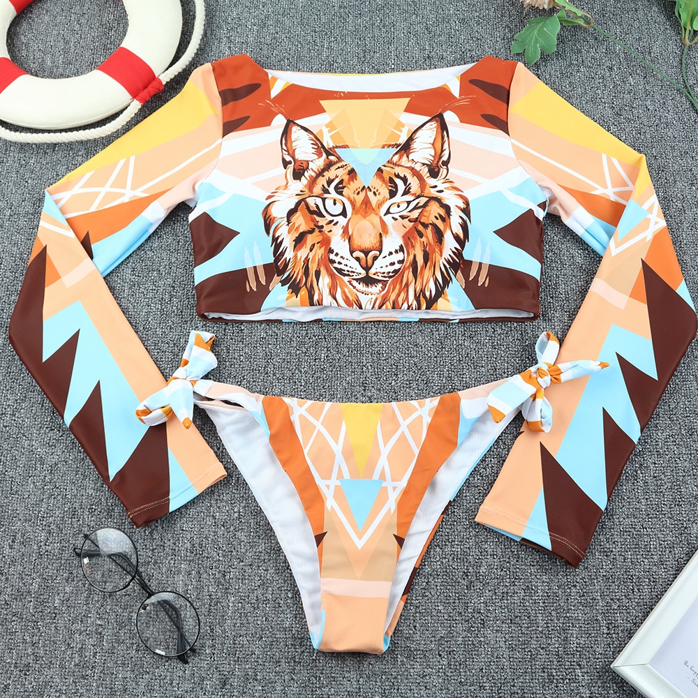 Surfing Swimsuit For Women 2021 Bikini Long Sleeve Swimwear Tiger Print Push Up Summer Bath Suit Two Piece Bandeau Biquini