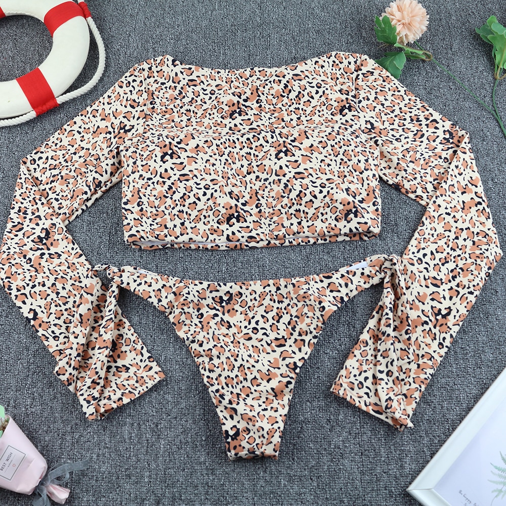 Surfing Swimsuit For Women 2021 Bikini Long Sleeve Swimwear Tiger Print Push Up Summer Bath Suit Two Piece Bandeau Biquini