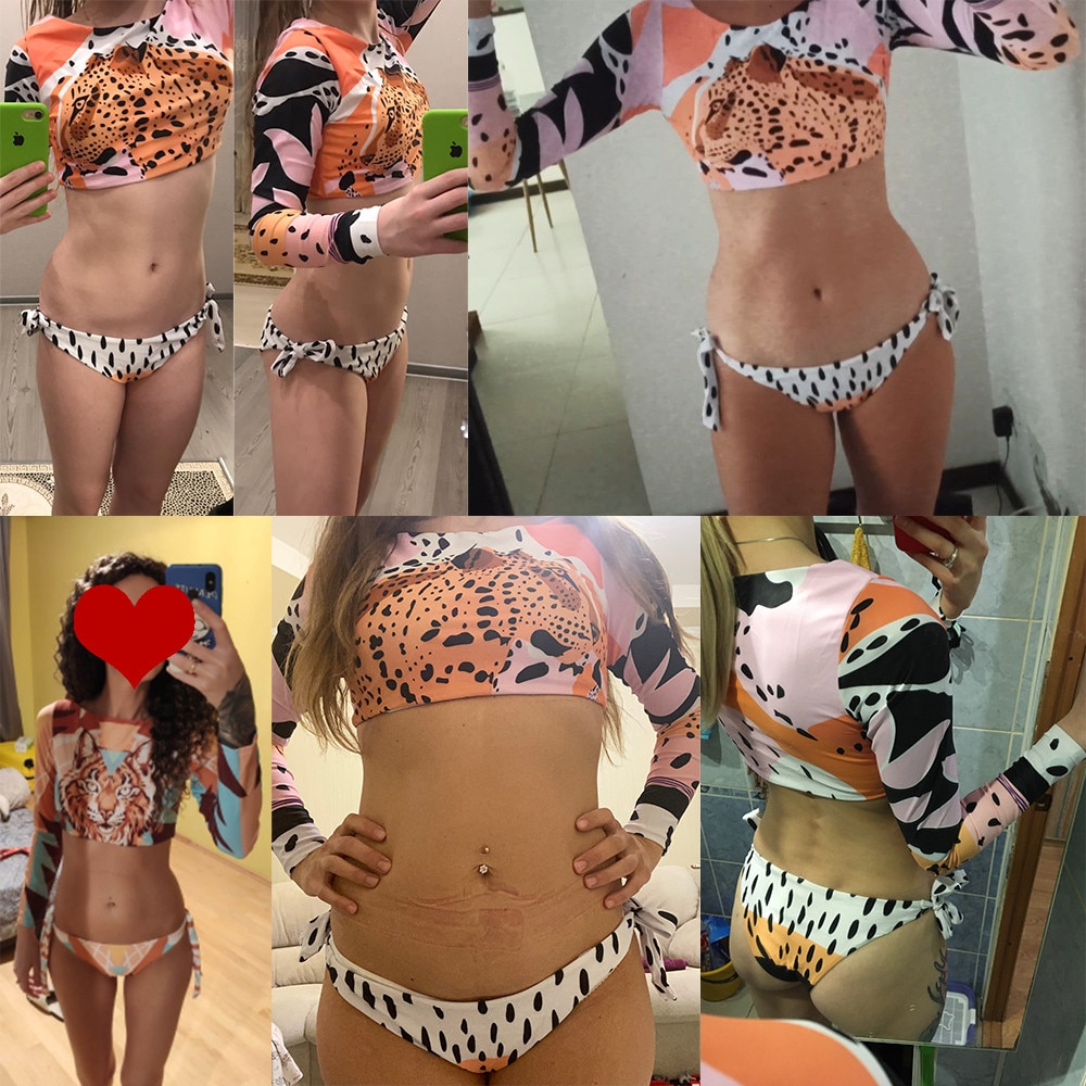 Surfing Swimsuit For Women 2021 Bikini Long Sleeve Swimwear Tiger Print Push Up Summer Bath Suit Two Piece Bandeau Biquini