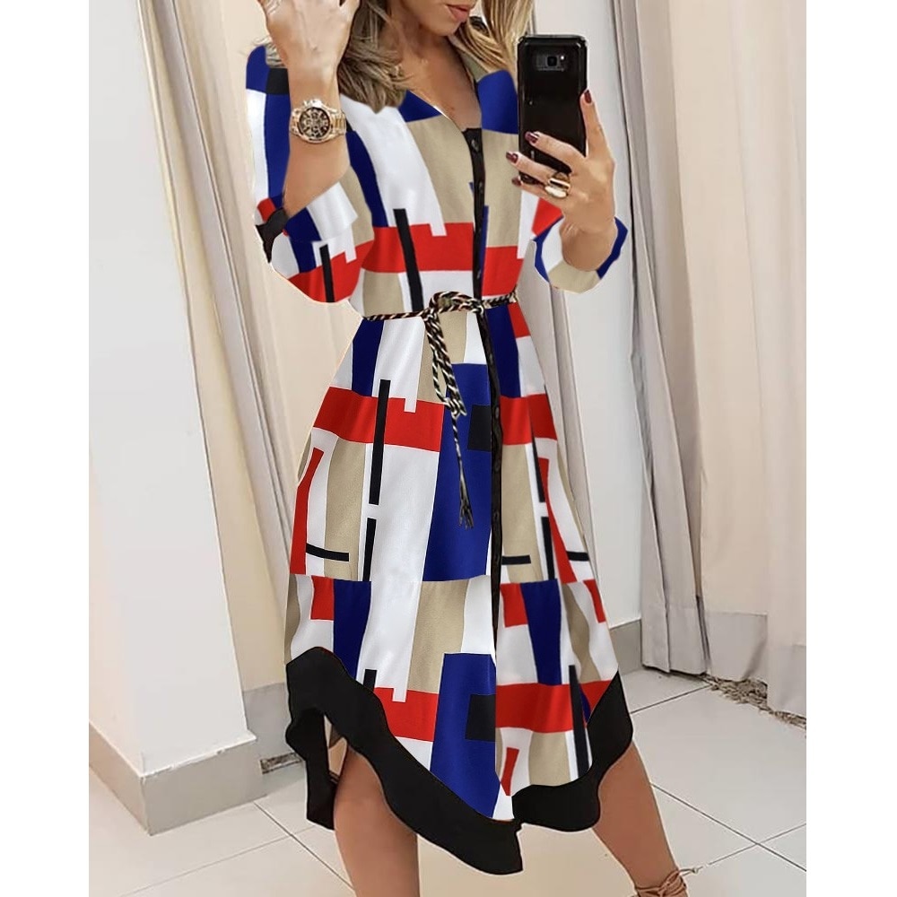 Spring Summer Lady Cover Up Women's Shirt Dress Wave Print Long Sleeve V-Neck Casual Loose Holiday Midi Dress Plus Size