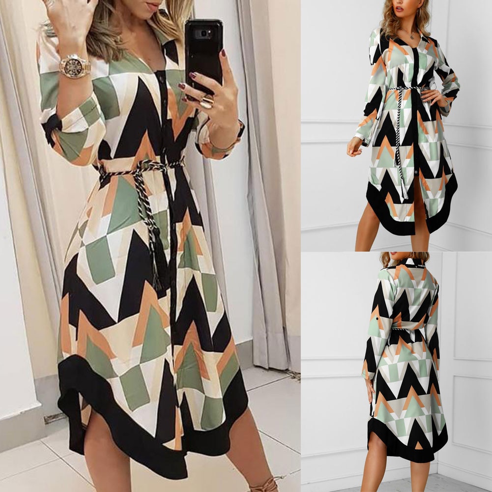 Spring Summer Lady Cover Up Women's Shirt Dress Wave Print Long Sleeve V-Neck Casual Loose Holiday Midi Dress Plus Size