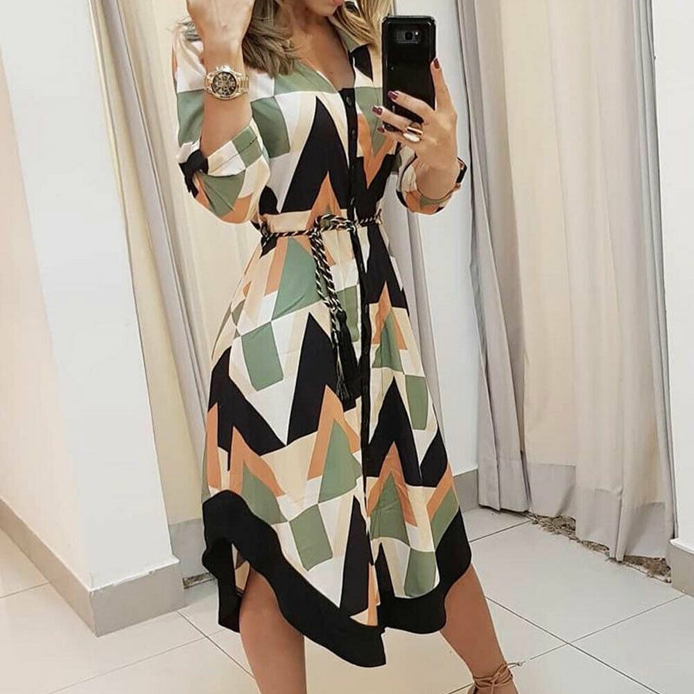 Spring Summer Lady Cover Up Women's Shirt Dress Wave Print Long Sleeve V-Neck Casual Loose Holiday Midi Dress Plus Size