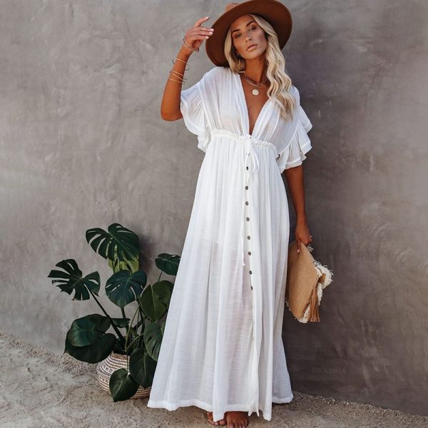 Sexy Bikini Cover-ups Long White Tunic Casual Summer Beach Dress Elegant Women Plus Size Beach Wear Swim Suit Cover Up Q1208