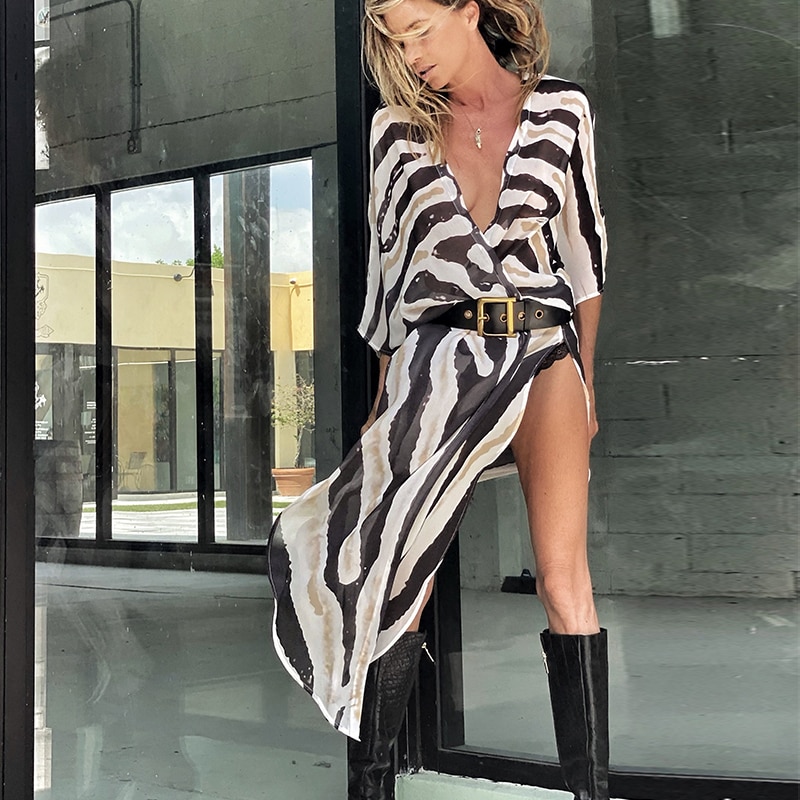 2021 Boho Zebra Pattern Chiffon Bathing Suit Cover-ups Plus Size Beach Wear Kimono Dress Women Summer Swimsuit Cover Up A792