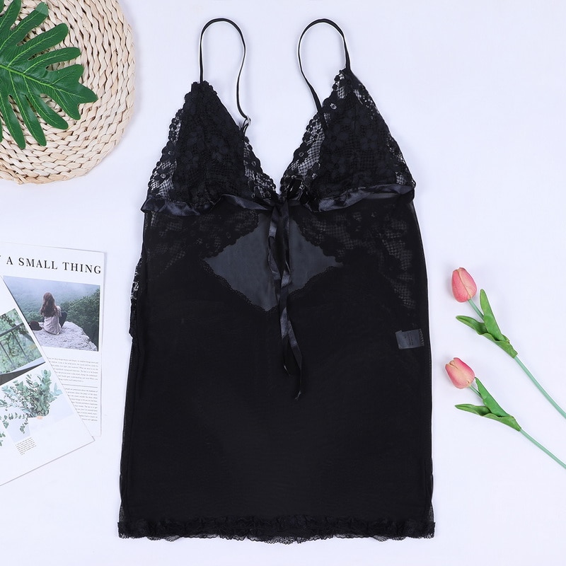 Sexy V-neck Beach Dress Women See Through Lace Sleepwear Lingerie Night Dress Sleeveless Ladies Satin Nightgown Plus Size