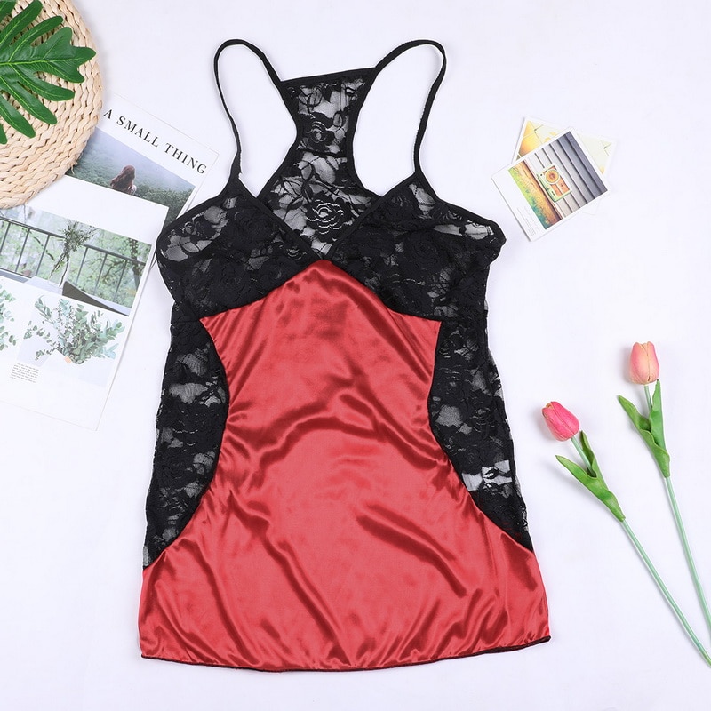 Sexy V-neck Beach Dress Women See Through Lace Sleepwear Lingerie Night Dress Sleeveless Ladies Satin Nightgown Plus Size