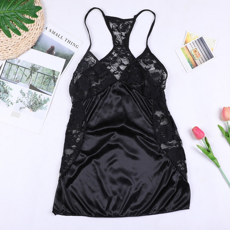 Sexy V-neck Beach Dress Women See Through Lace Sleepwear Lingerie Night Dress Sleeveless Ladies Satin Nightgown Plus Size