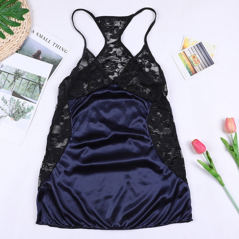 Sexy V-neck Beach Dress Women See Through Lace Sleepwear Lingerie Night Dress Sleeveless Ladies Satin Nightgown Plus Size