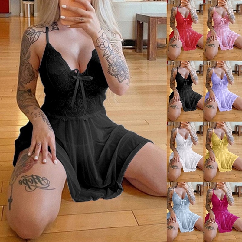 Sexy V-neck Beach Dress Women See Through Lace Sleepwear Lingerie Night Dress Sleeveless Ladies Satin Nightgown Plus Size