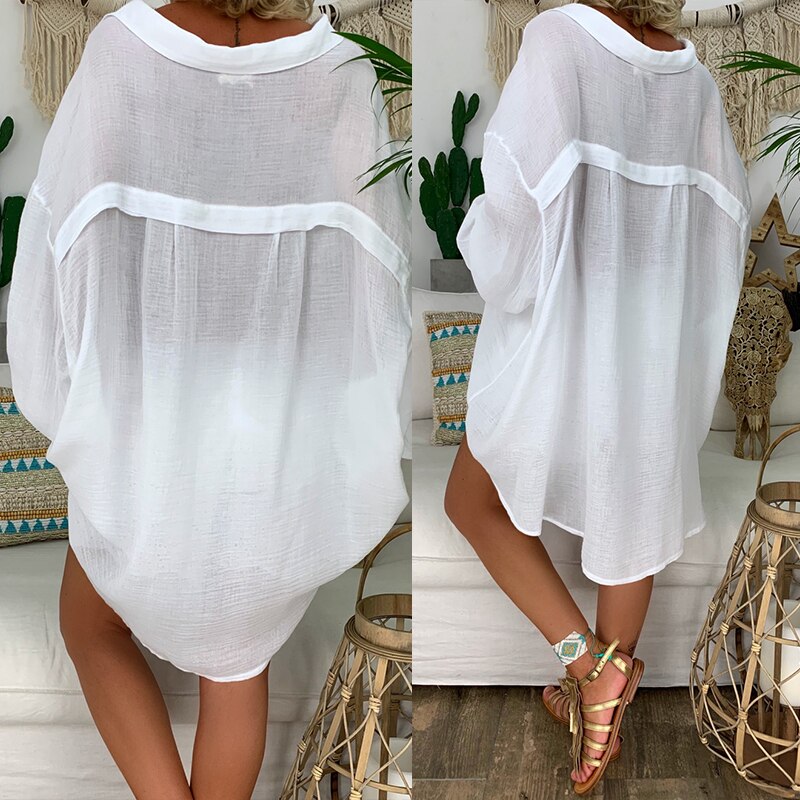 New Loose Women Cover Ups Swimwear White Beach Dress Cotton Beach Kimono Coverups for Women Swimsuit Cover Up Beach Woman