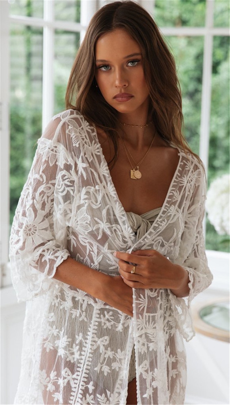 2021 Crochet White Knitted Beach Cover up dress Tunic Long Pareos Bikinis Cover ups Swim Cover up Robe Plage Beachwear