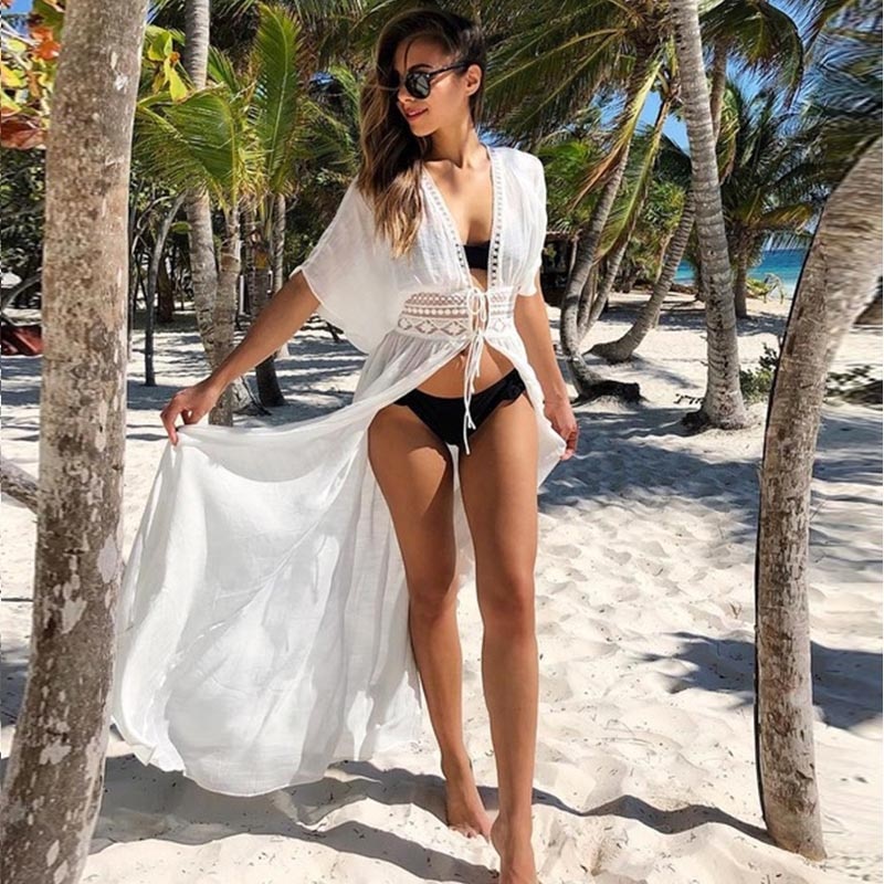 2021 Crochet White Knitted Beach Cover up dress Tunic Long Pareos Bikinis Cover ups Swim Cover up Robe Plage Beachwear