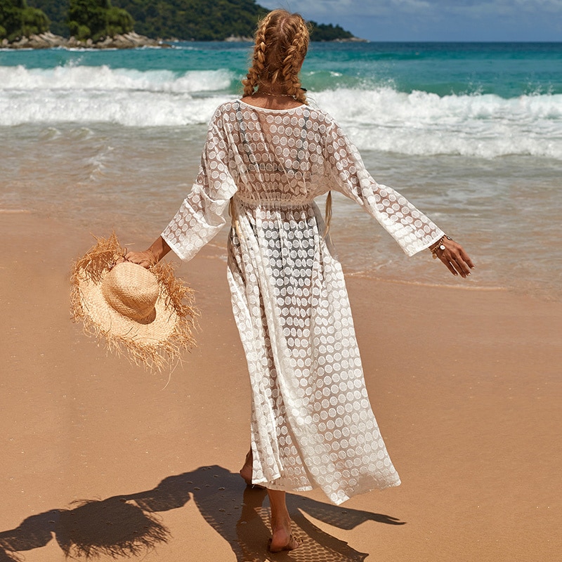 2021 Crochet White Knitted Beach Cover up dress Tunic Long Pareos Bikinis Cover ups Swim Cover up Robe Plage Beachwear