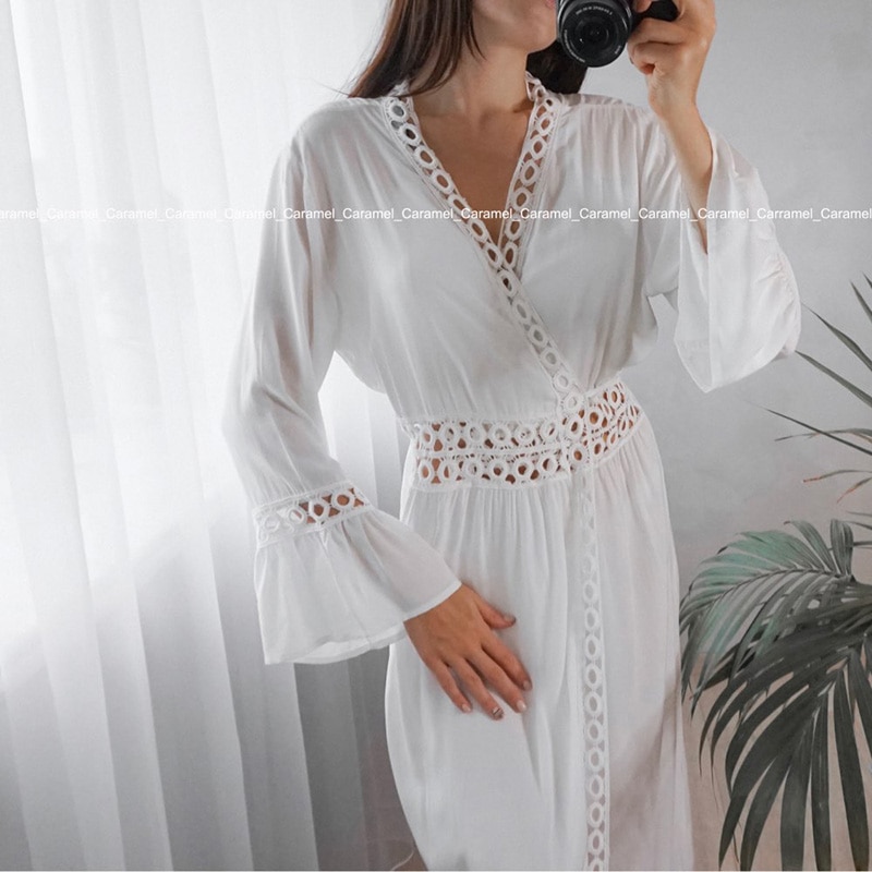 2021 Crochet White Knitted Beach Cover up dress Tunic Long Pareos Bikinis Cover ups Swim Cover up Robe Plage Beachwear