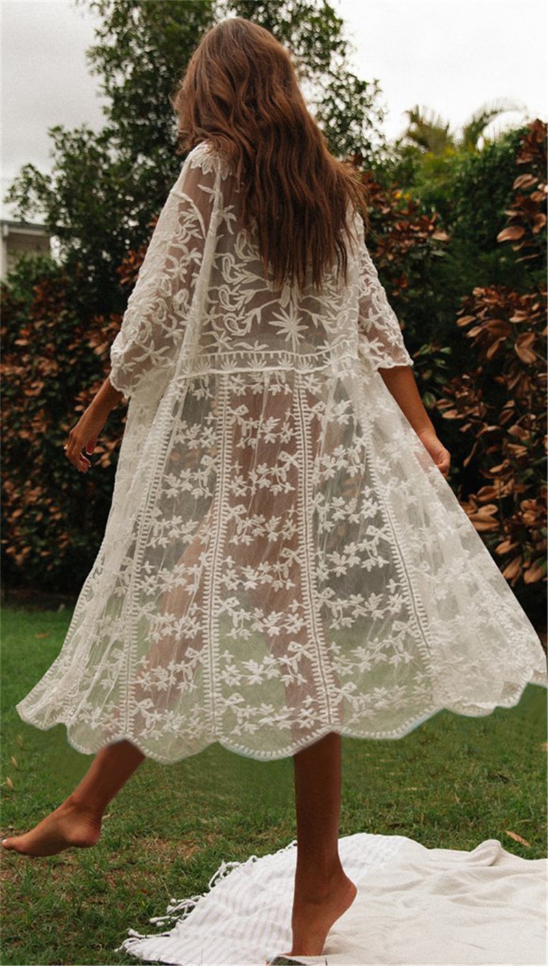 2021 Crochet White Knitted Beach Cover up dress Tunic Long Pareos Bikinis Cover ups Swim Cover up Robe Plage Beachwear