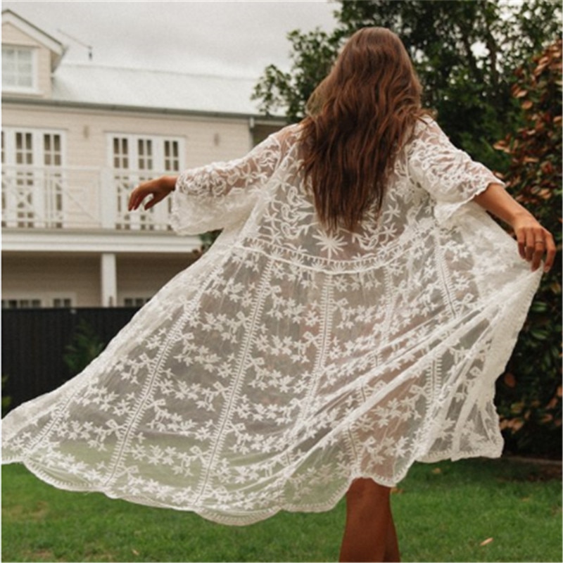 2021 Crochet White Knitted Beach Cover up dress Tunic Long Pareos Bikinis Cover ups Swim Cover up Robe Plage Beachwear